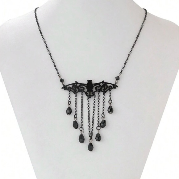 “Victorian Bat” Black Lacey Chandelier Tassel Trim Fancy Gothic Elegant Necklace - Picture 7 of 7